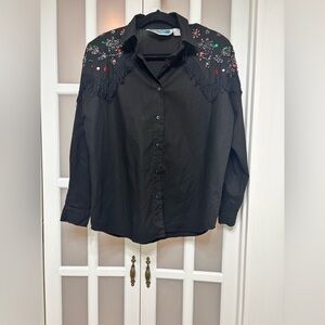 Southwest Canyon Embellished Fringe Western Shirt Black Size L